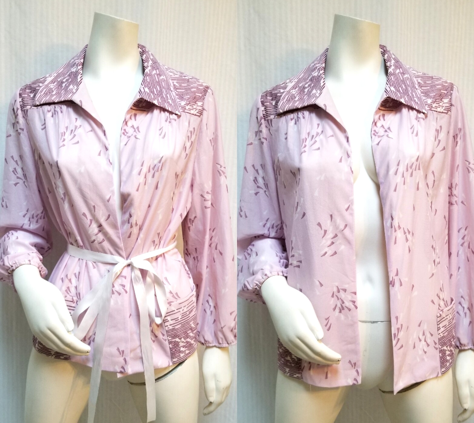 Vintage 70s LESLIE POMER Lilac Purple Print Open Shirt / Jacket – Women’s L