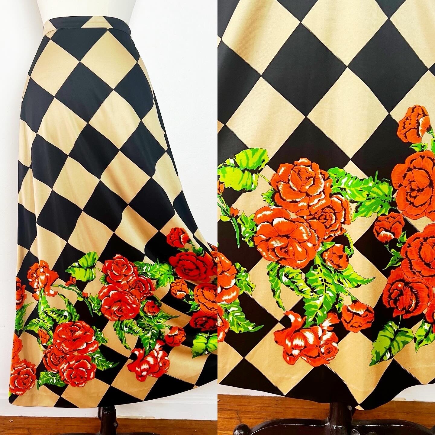 Mr. Dino SIGNED 60’s 60s 70’s 70s Vintage Diamond Rose Print Maxi Skirt 27w S M