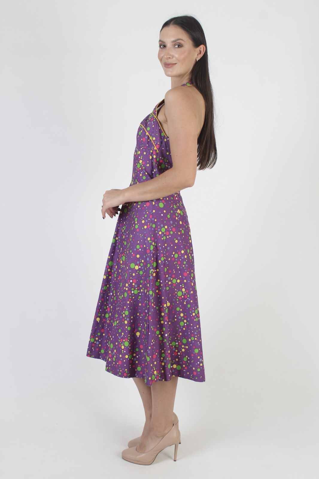 Vtg Rainbow Polka Dot Halter Dress Sweetheart Open Back Backless 70s Full Skirt