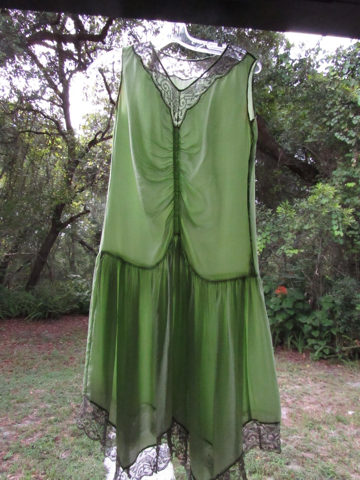 ROMANTIC 20s 30s SILK FLAPPER lace green Art Deco Dress fairy VTG whimsigoth S