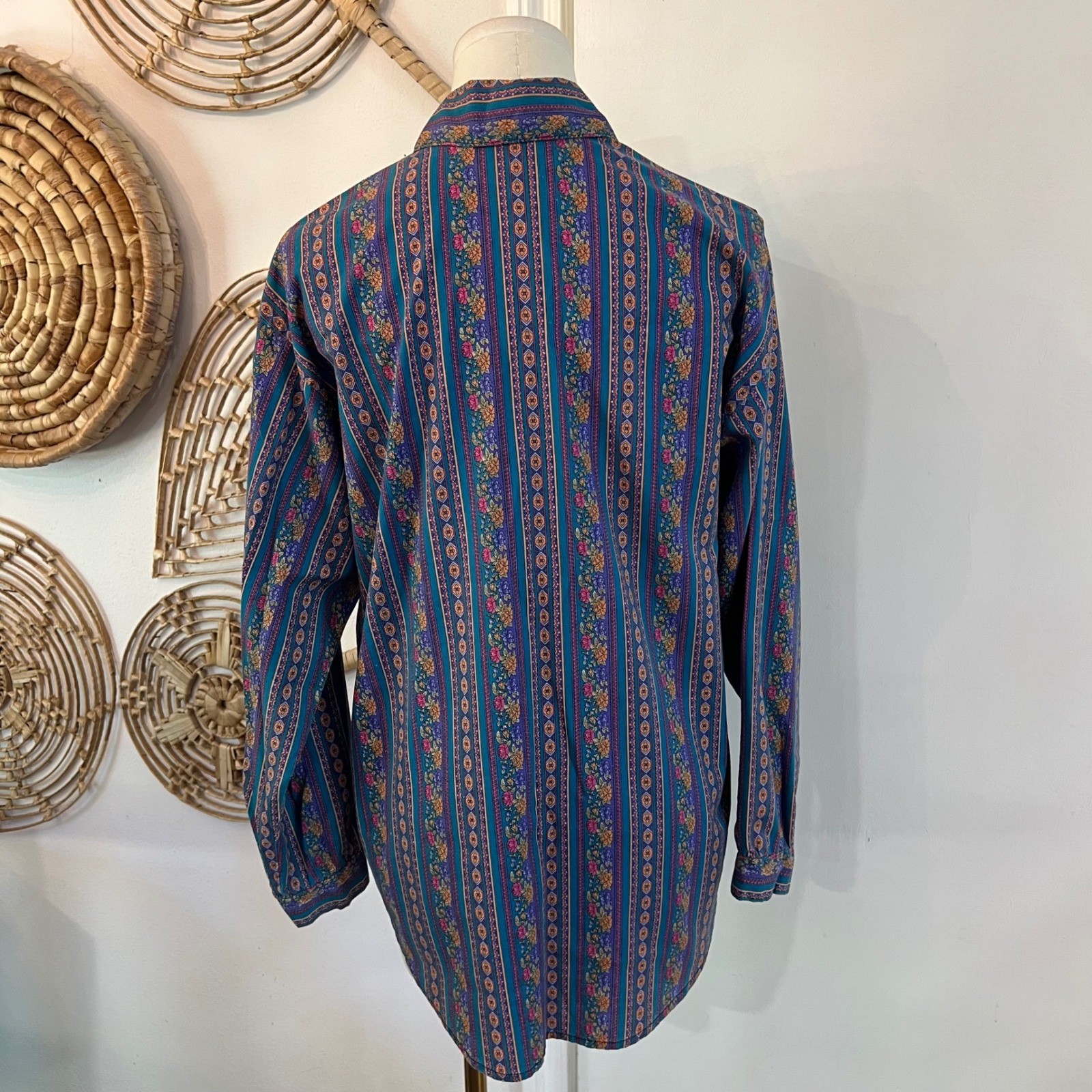 Vintage Jeri Marque Teal Cotton Blend Floral Stripe Button Down Shirt Boho USA M