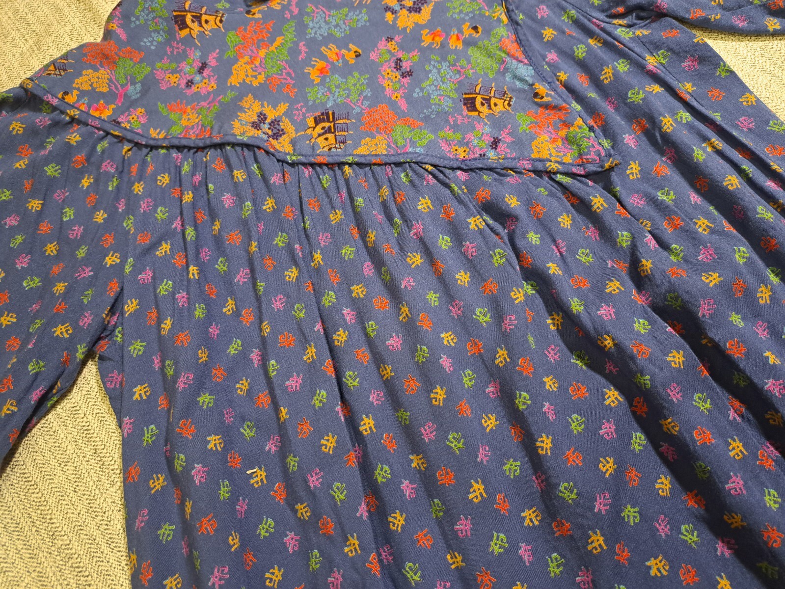 Vtg HUMMELSHEIM 1970s Long Sleeve Stand Collar Asian Pattern Blue Dress Sz 36