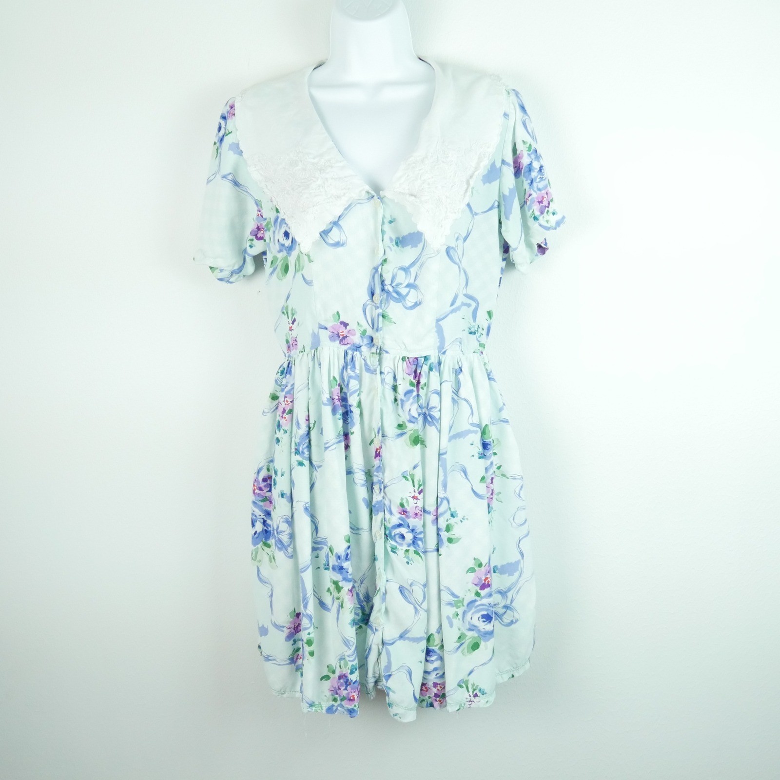 Vintage Floral Mini Dress Pastel Embroidered Collar S Coquette Romantic Prairie