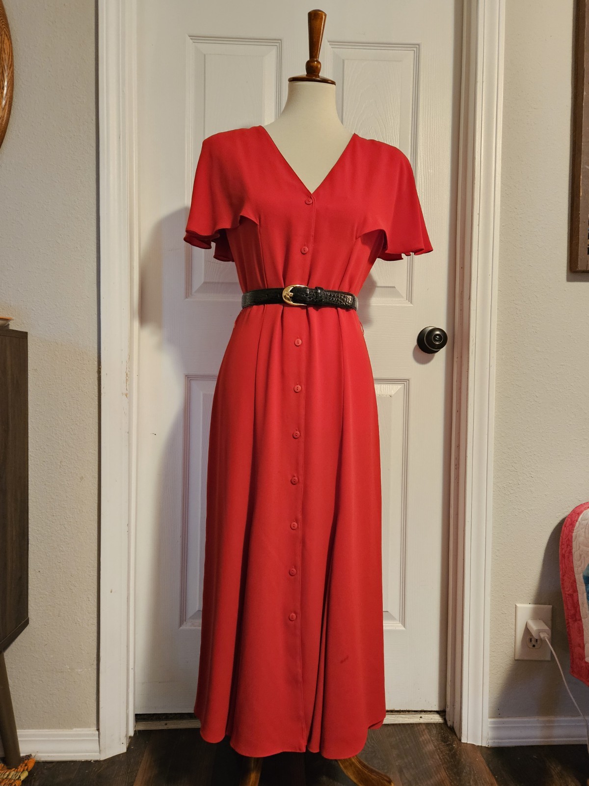 Vintage 80s Red Pierre Cardin Flutter Sleeve Button Front Midi Dress Size 6