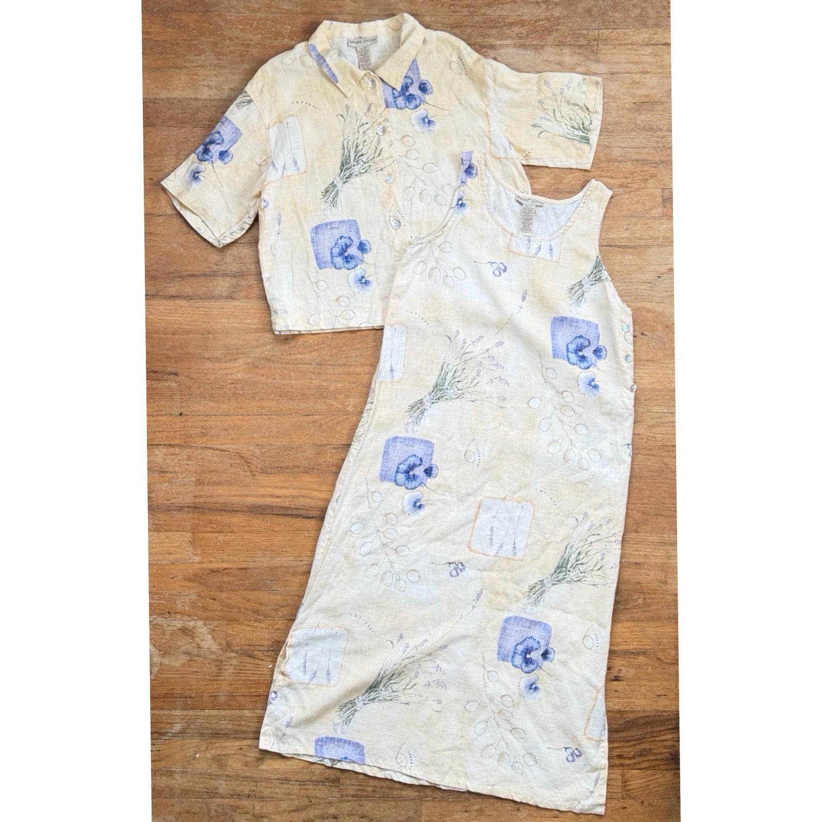 Vintage Pansy/Lavender Floral Print Linen Dress Top Set Size Medium 90s Yellow