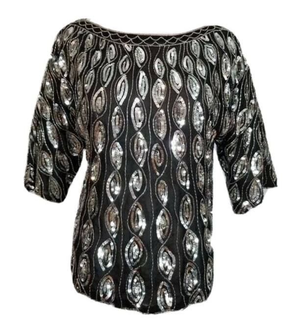Vtg Sho Max NY Silver Sequin Silk Crepe Blouse Vertical Stripe Disco NYE Party S