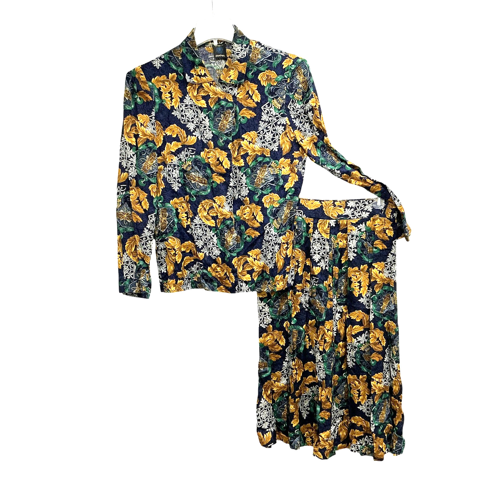 Vtg Panther Blouse Skirt Set Womens sz 12 Blue Gold Floral Button USA Top