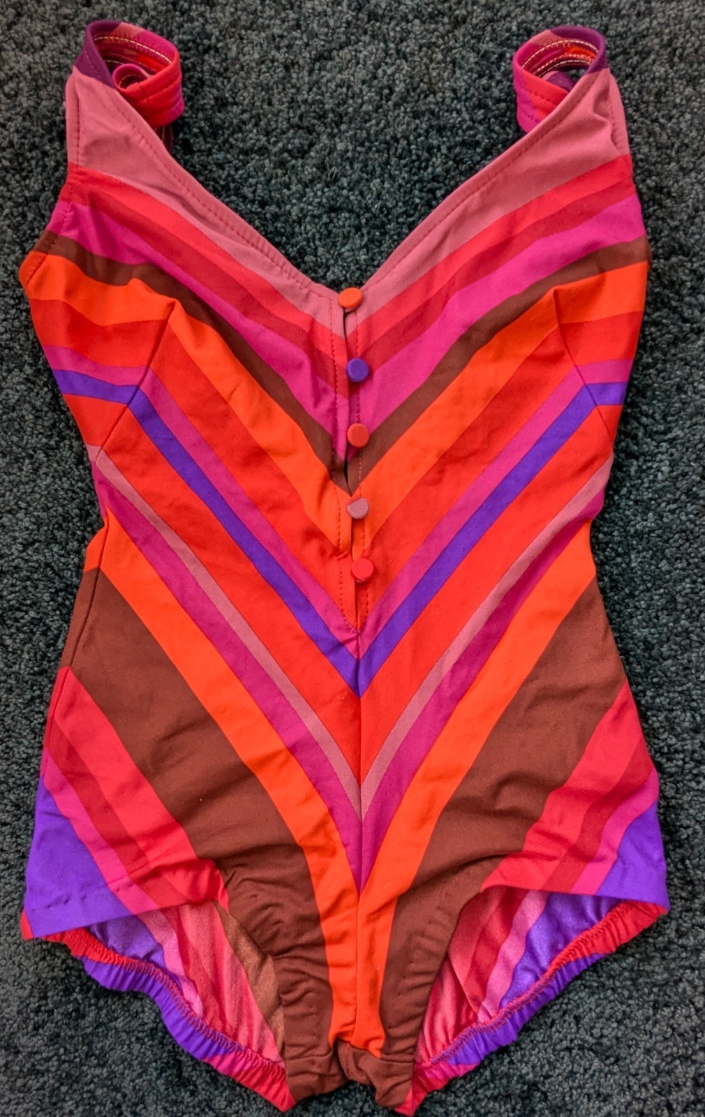 Vtg 80s Cole of Calif Swimsuit One Piece Chevron Stripe Peek-a-boo Button Front