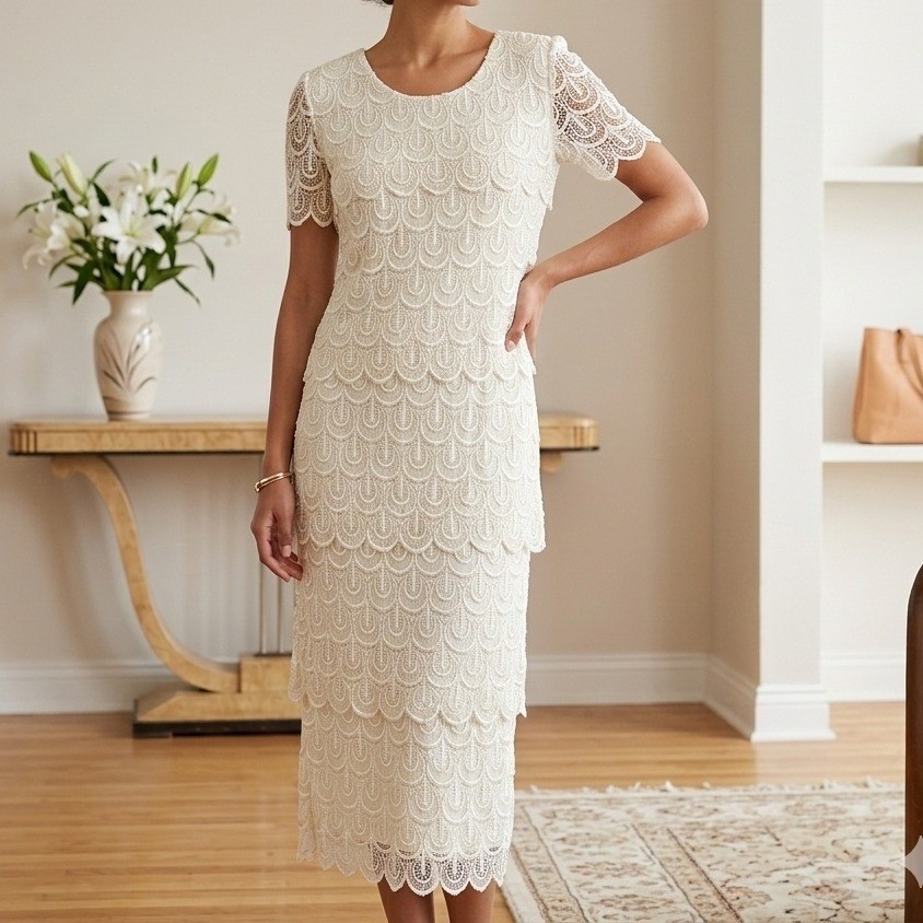Michaelangelo Vintage Ivory Scalloped Lace Tiered Evening Gown Dress Womens 9/10