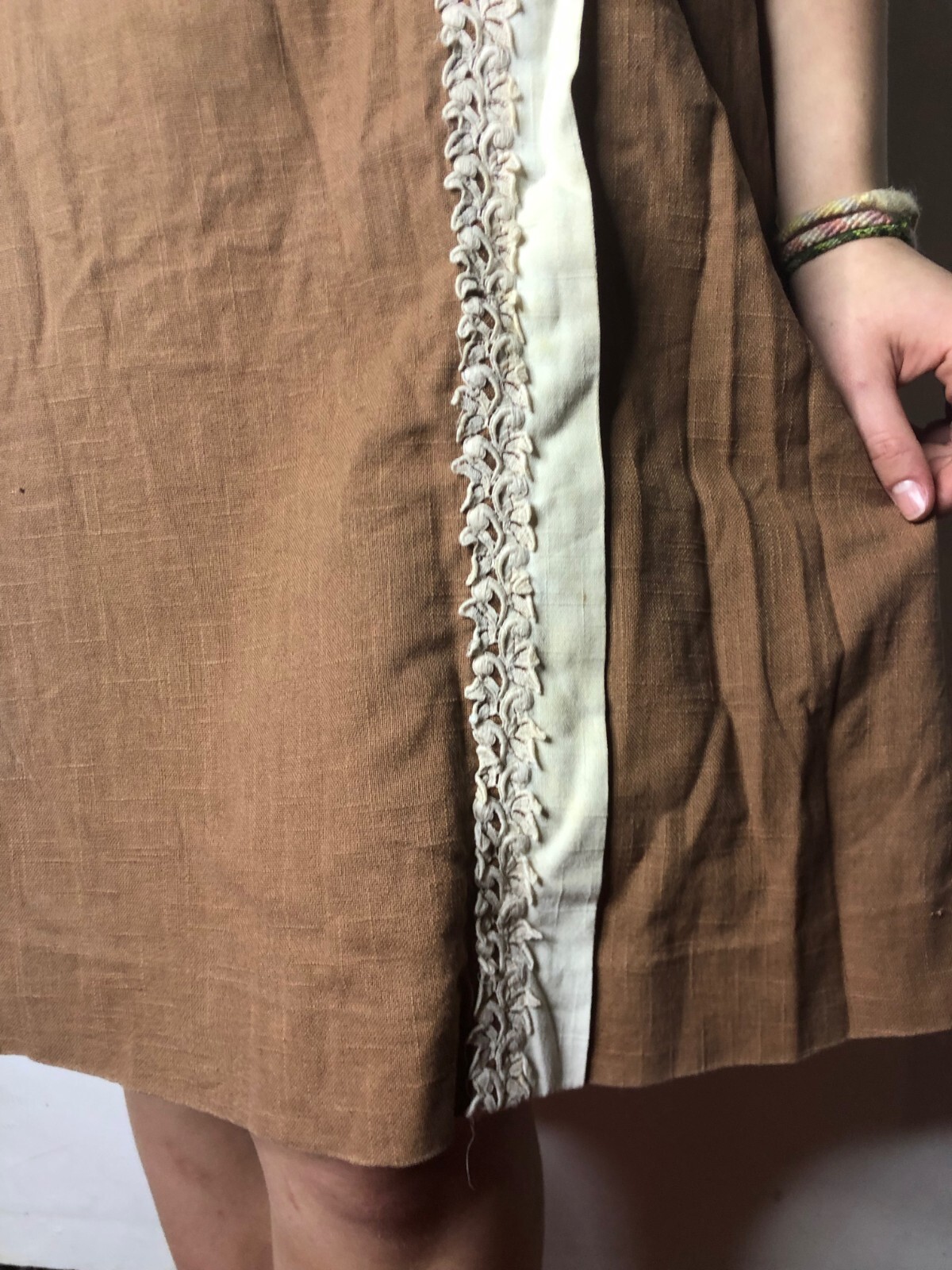 Vintage Revelry 1960s Brown Tunic Dress Linen with Embroidery AU 14