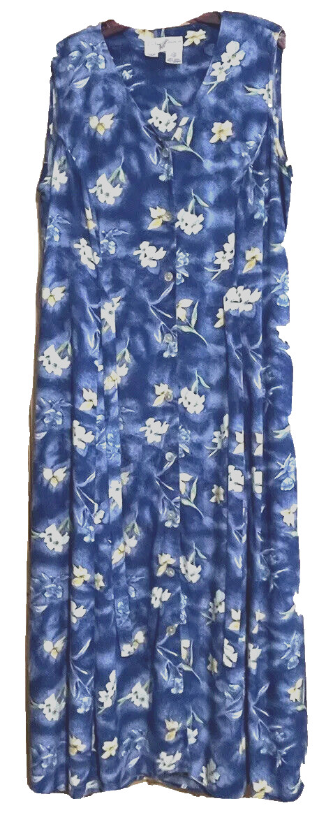 Vintage 90s Betsy Lauren Blue Floral Midi Dress Womens 14P Petite Button & Tie