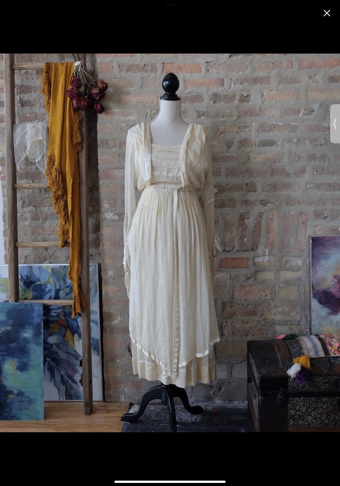 Antique Edwardian Ivory Silk Prairie Dress Empire Waist Cottagecore