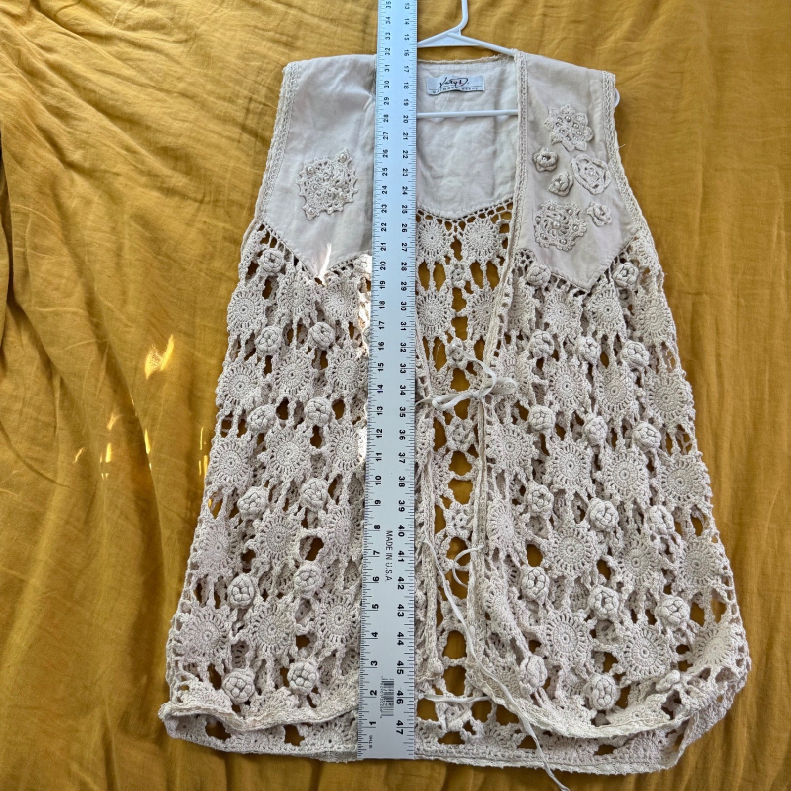 Vintage Kathryn Deene Katy D Crochet Vest Cream Floral Pearl Embellished Boho