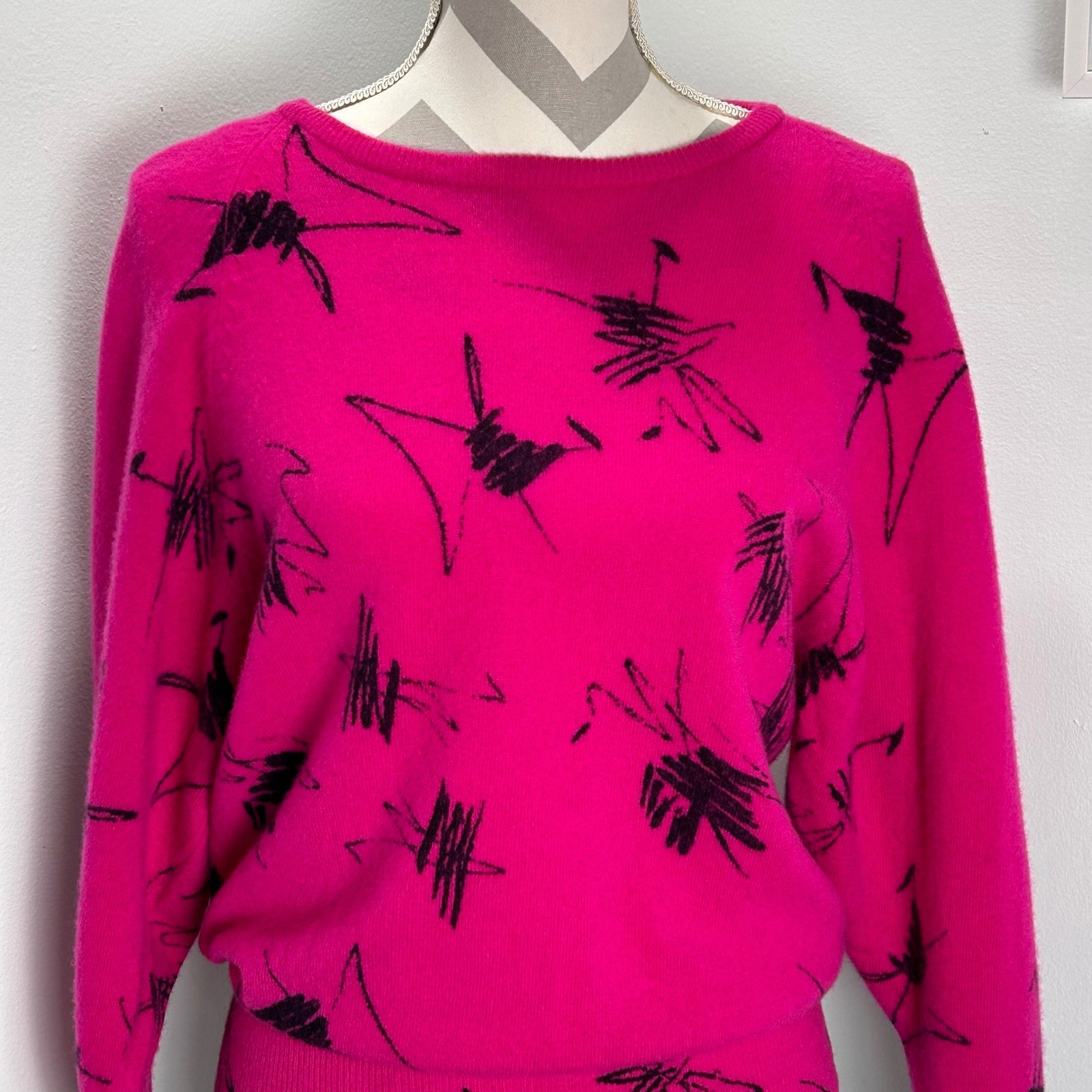 Jason Maxwell Vintage 80s Retro Wool Sweater Abstract Print Hot Pink Black Large