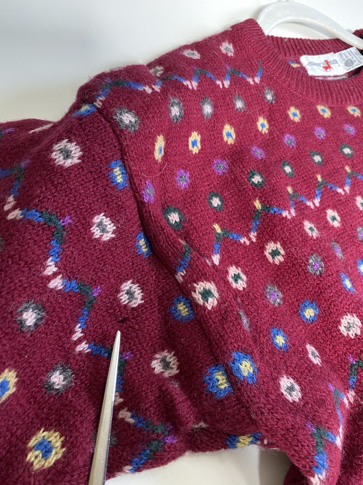 Vintage Crazy Horse M 100% Wool Oversized Sweater Burgandy Print