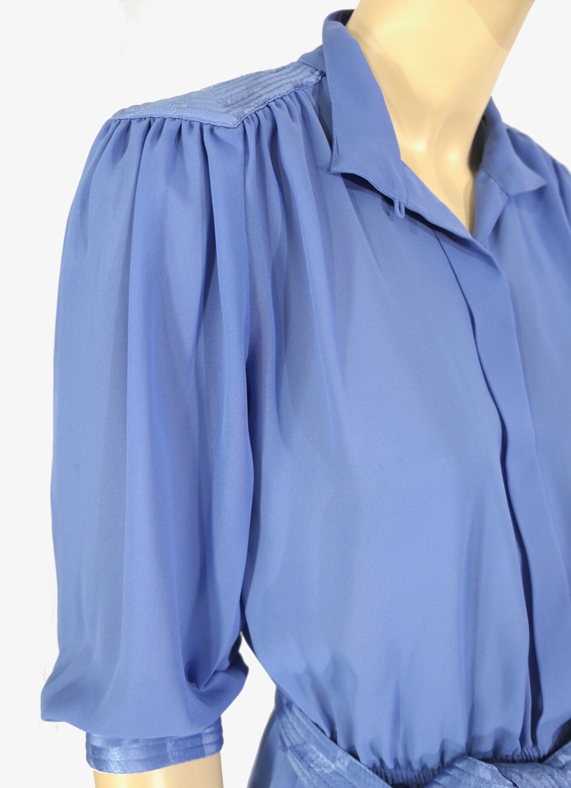 Vintage 70s Townhouse Petite Periwinkle Sheer Chiffon Belted Secretary Dress S/M