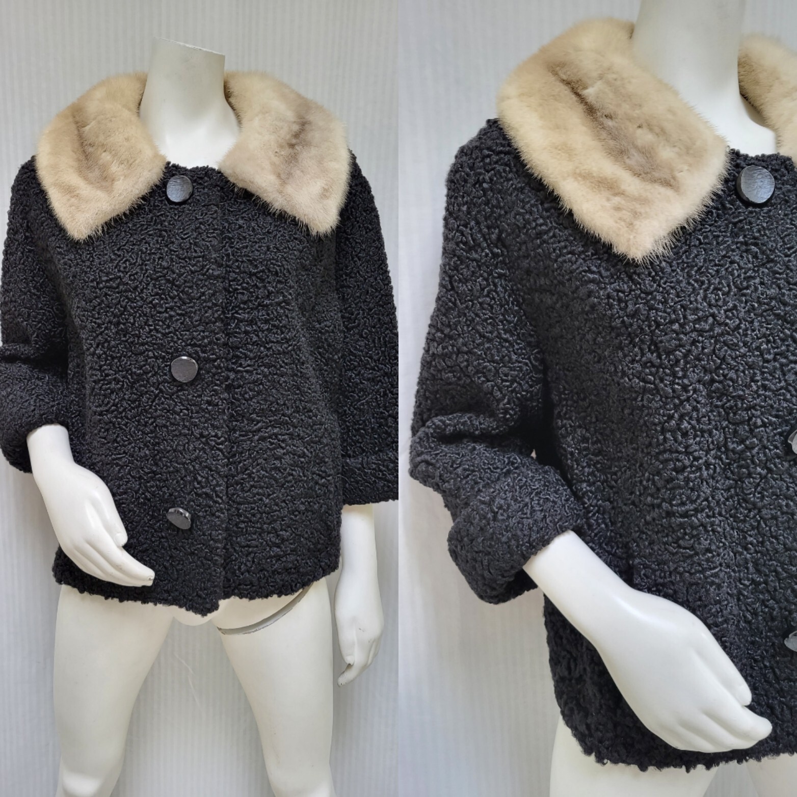 Vintage EVANS Black Curly Lamb & Mink Fur Coat Jacket – Size M – *READ*