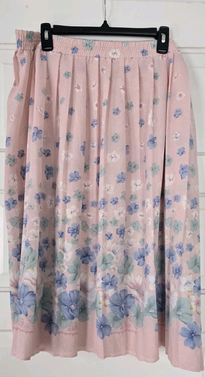 Vintage TanJay Floral Midi Skirt Womens Pink Pleated Elastic Waist Cottagecore
