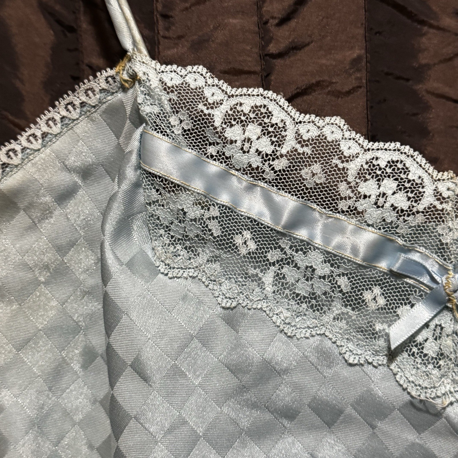 Taryn Alexander Camisole Top Blue Lace Trim Diamond Pattern Vintage 1970s