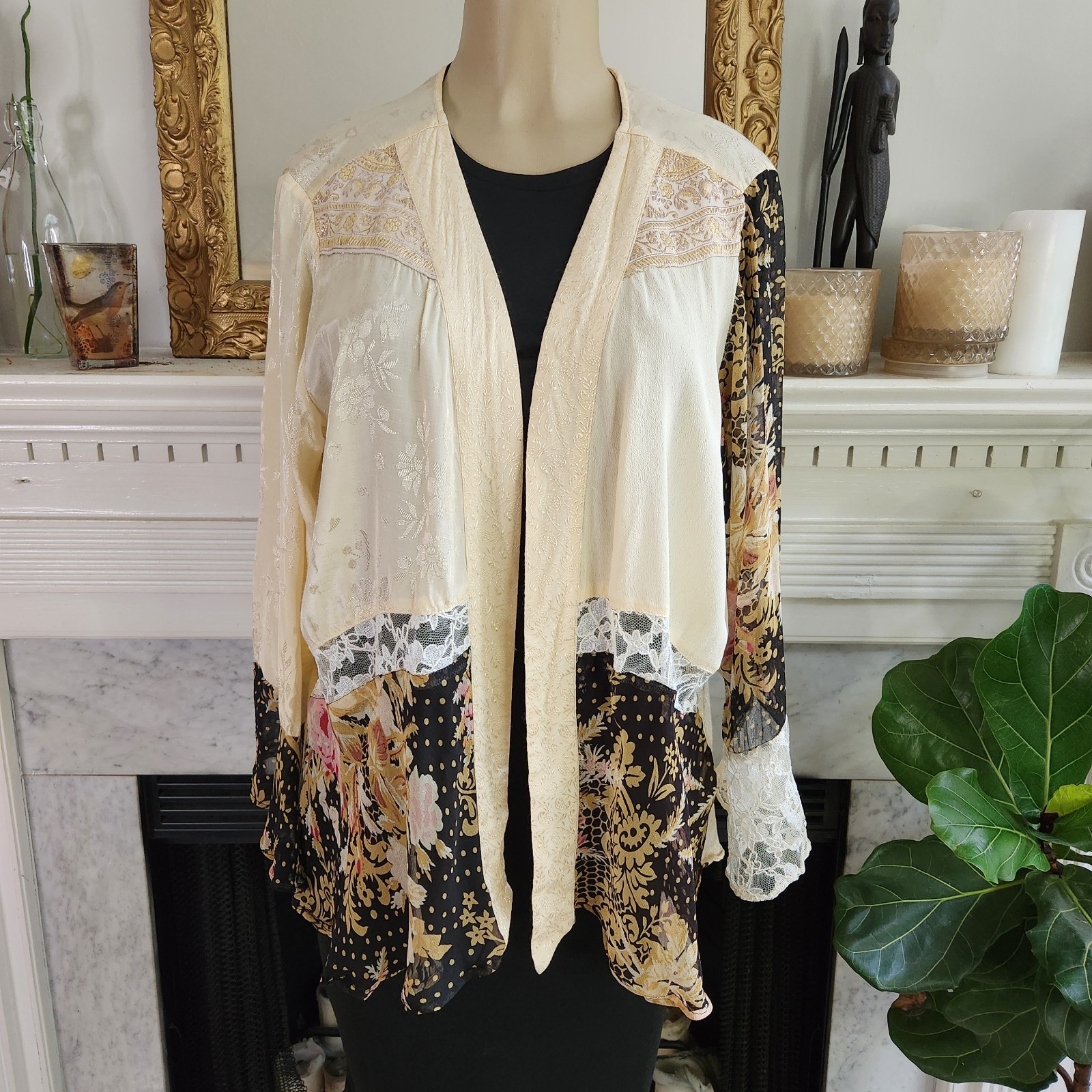 Vtg 80s Beige Patchwork Cardigan Sz 1X Jacket Jacquard Floral Boho Hippy Lace