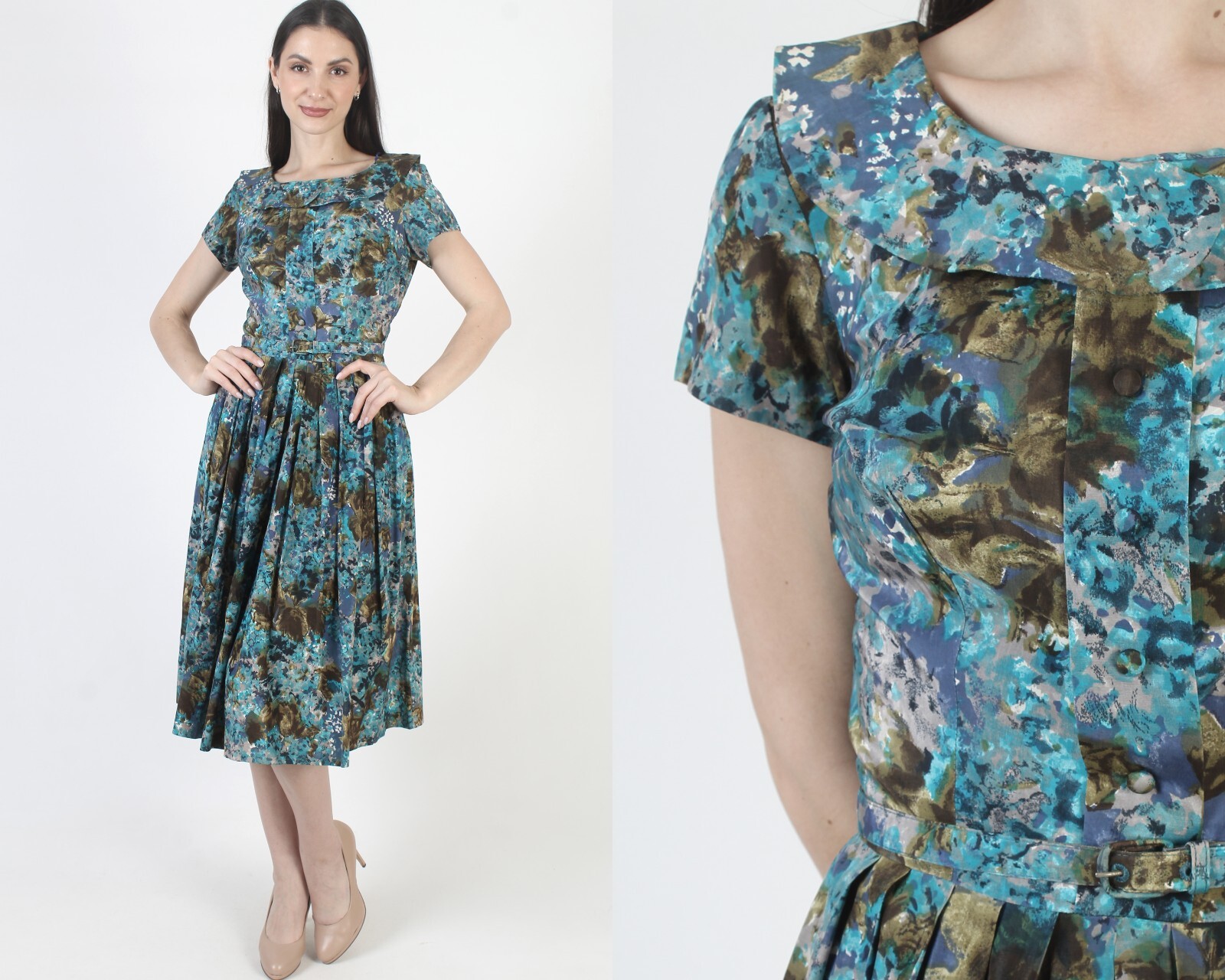 Vintage 50s Pat Nichols Floral Dress Mid Century Pin Up Belted Rockabilly Swing