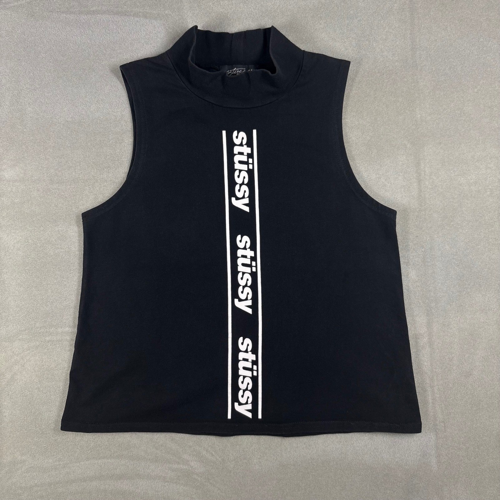Vintage Stussy Women Black Mock Neck Sleeveless Logo Graphic Tank Top Small