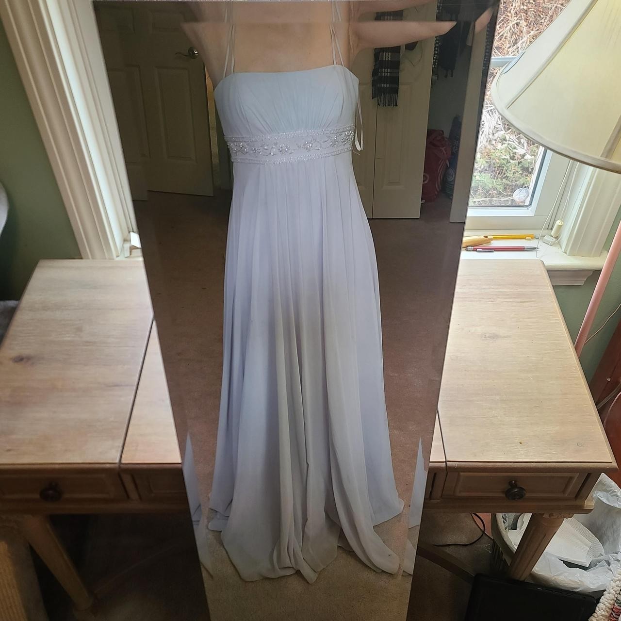 David’s Bridal Light Blue Ball Gown F12495 Newrly Newelywed Regency Style 90s