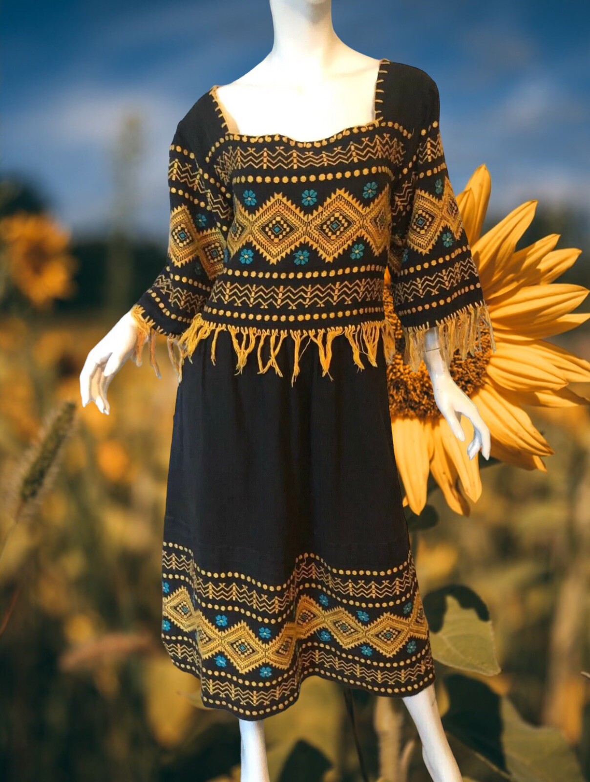 Dress M Vtg 70s Cotton EMBROIDERED FLORAL FRINGE Ethnic BOHO Mexican MIDI OOAK