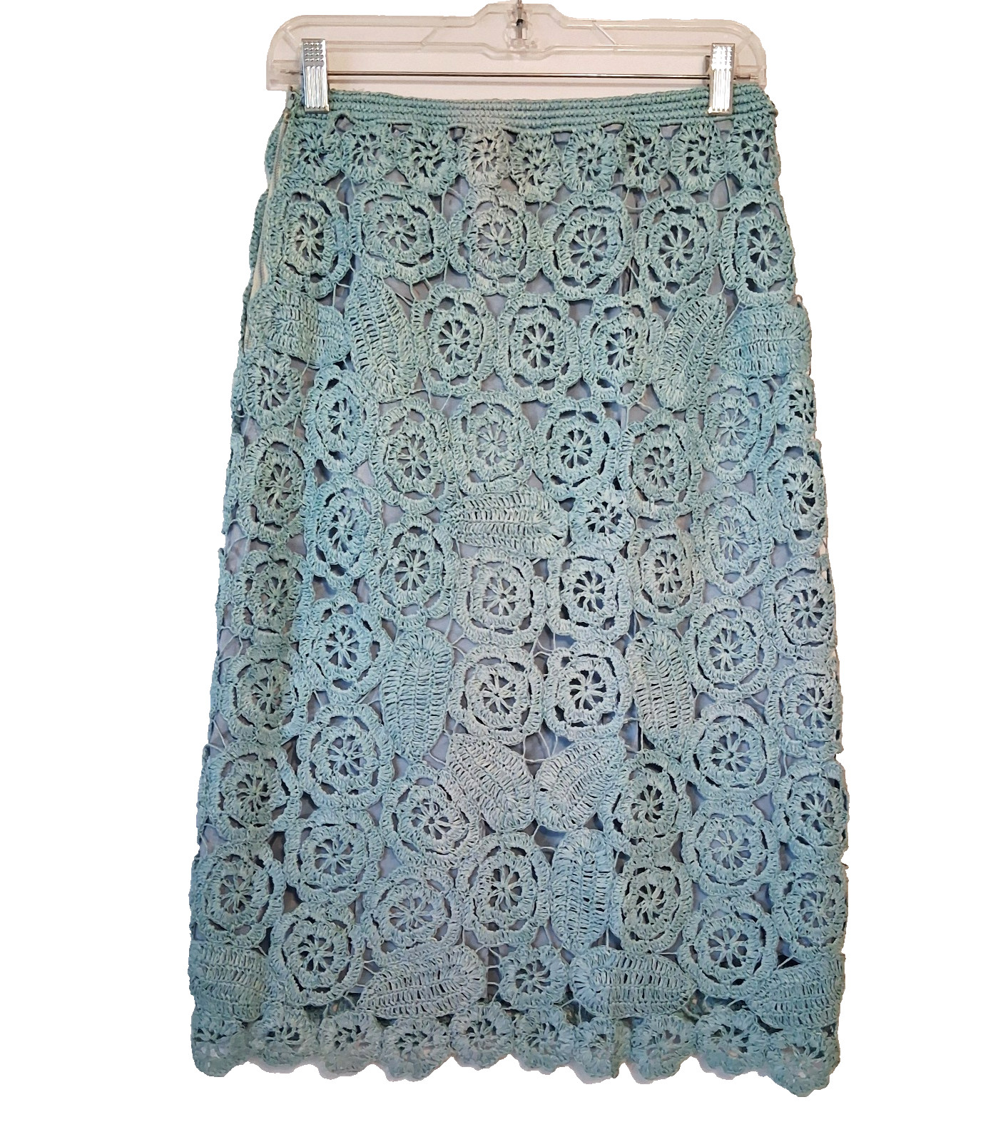 VTG 70s Handmade Crochet Floral Skirt Small 27w Blue 3D Open Knit Hippie Granny