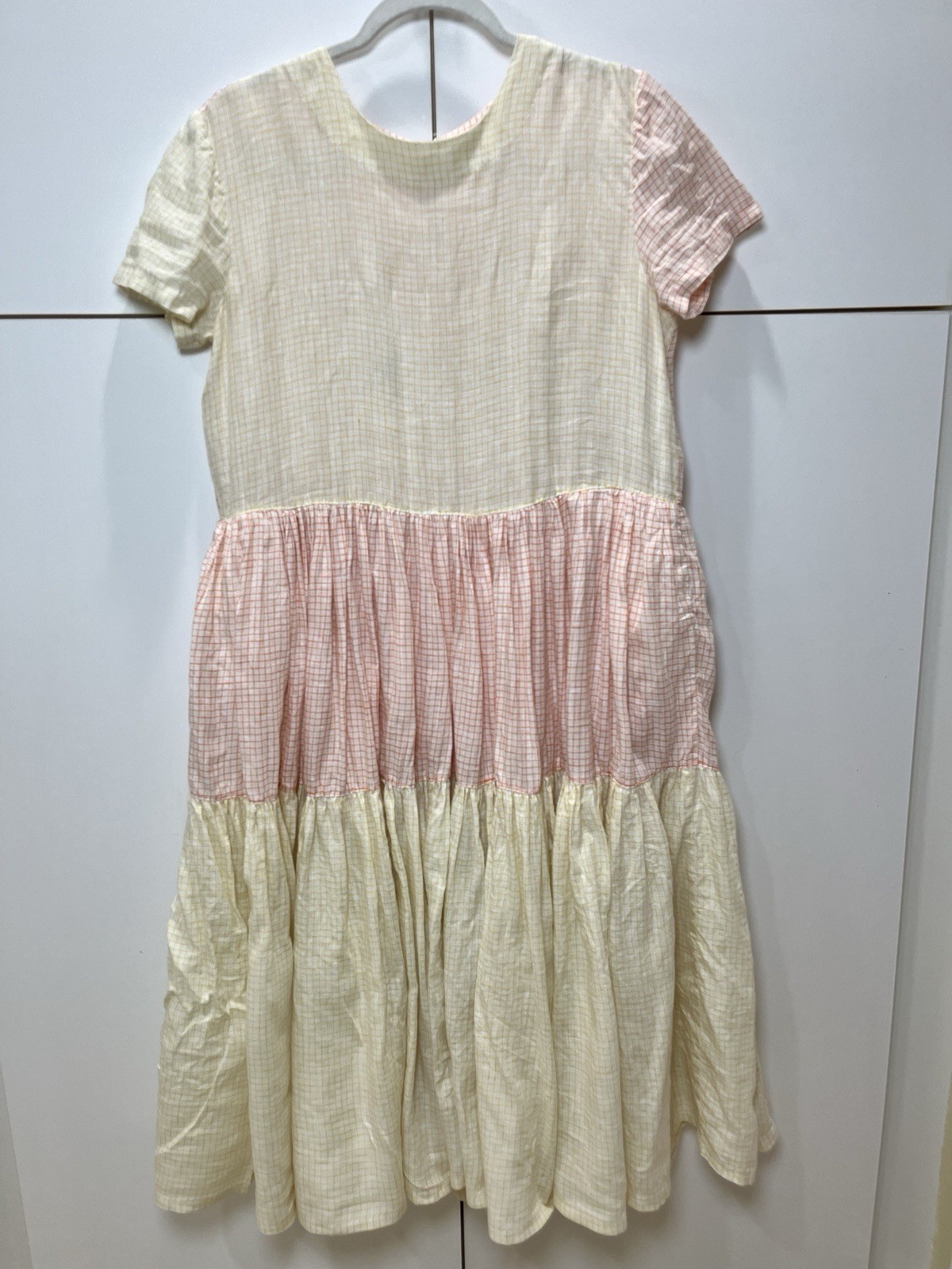 Vintage Cotton Gingham Fabric Orange & Yellow Checkers Pleated Full Skirt Dress