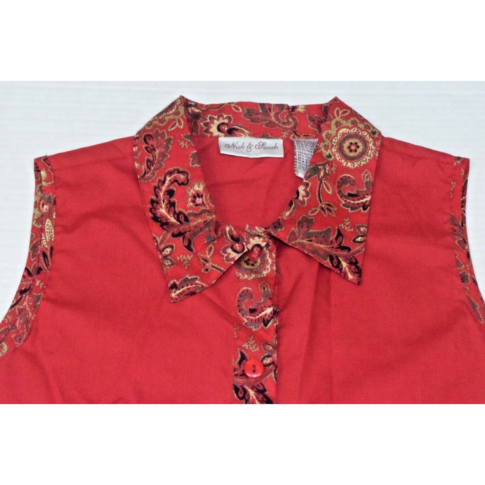 VTG Sleevless Shirt Nick & Sarah Size M 90s Merlot Fancy Gold Green Paisley Trim