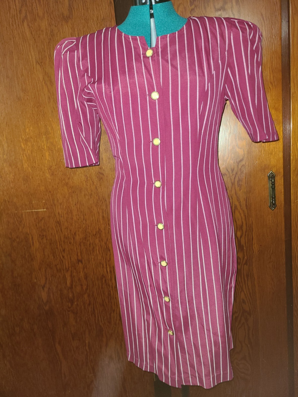 Dawn Joy Fashions Stripe Midi Dress Maroon, Short Sleeve, Vintage 90s