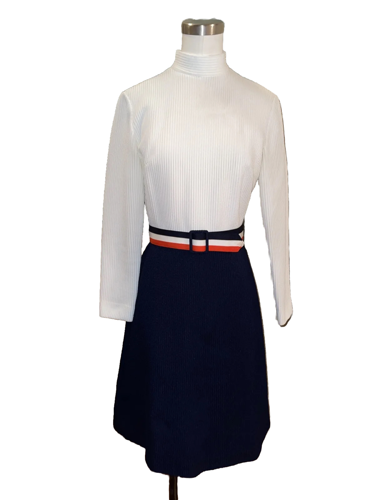 Vintage 60s Bleeker Street Mod Go Go Belted Colorblock Dress S/M USA Ivory Navy