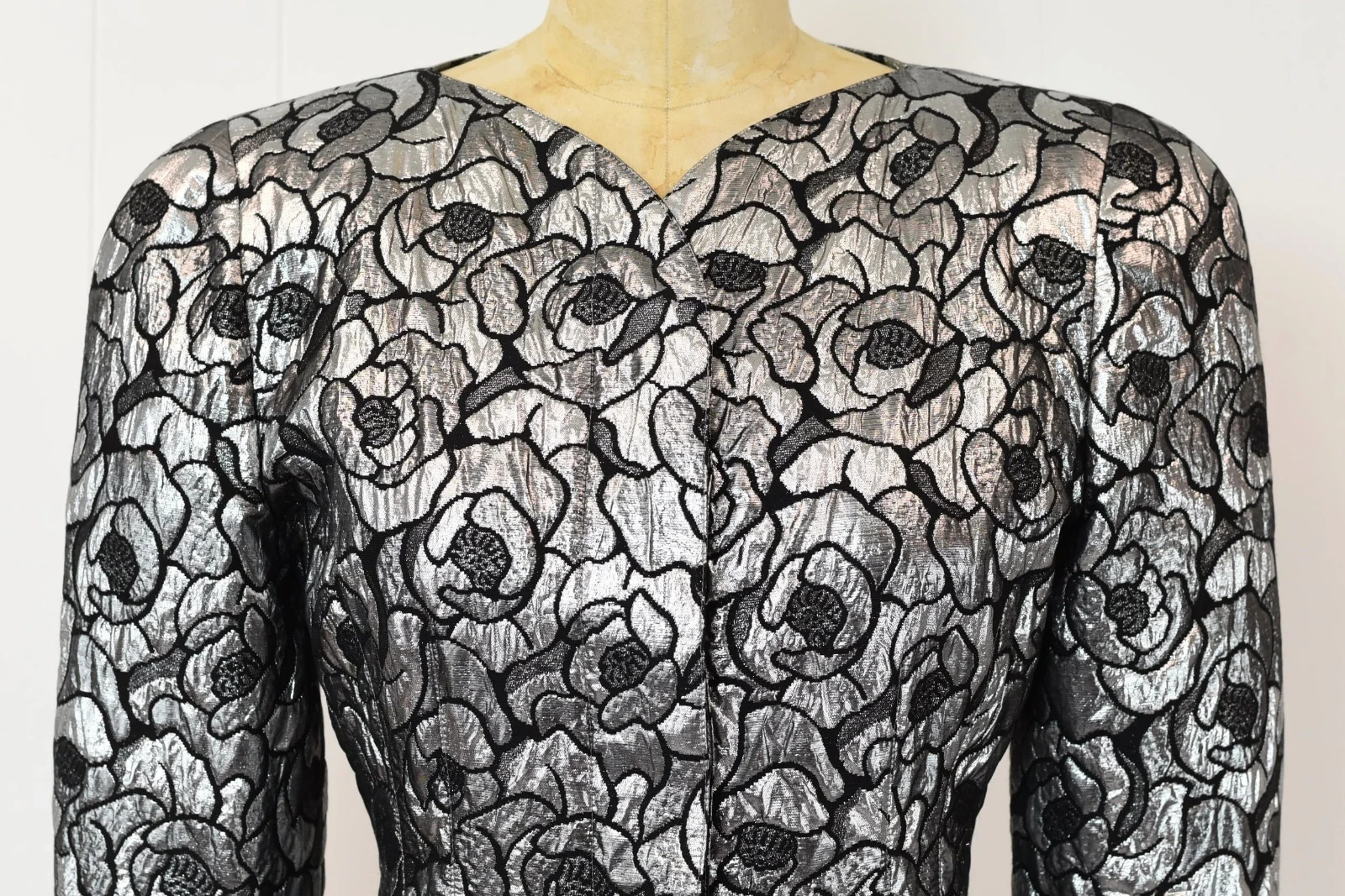 Vintage 1980s Krizia Metallic Silver Black Floral Lurex Blend Jacket Blazer