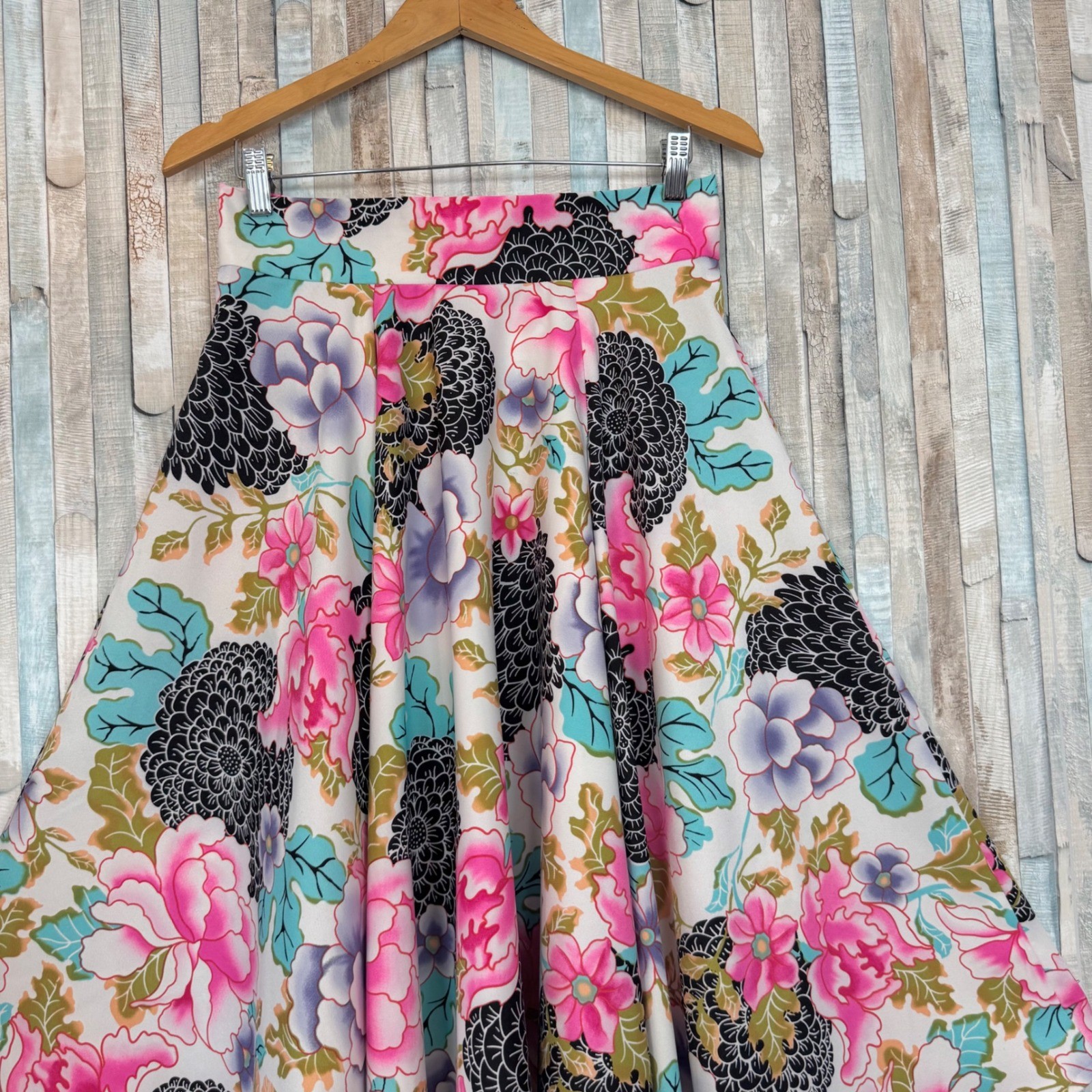 Vintage M Floral Circle Swing Twirl Full Midi Skirt High Waist Pleated A-Line
