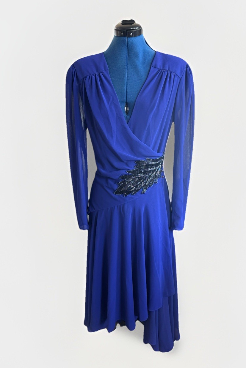 Vintage 80s Casadei Blue Long Sleeve Beaded Sequin Waist Fit Flair Midi Dress 10