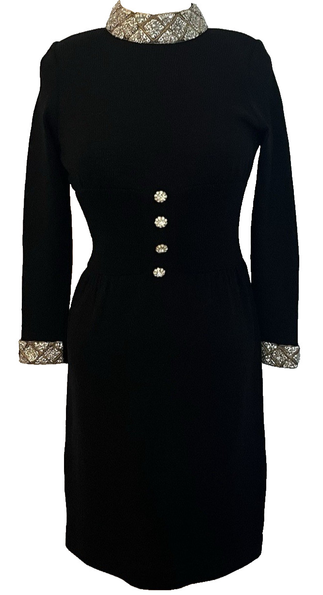 VTG 80’s Cocktail Dress Black Wool Knit Sz 2 DON SAYRES For Wellmore Embellished
