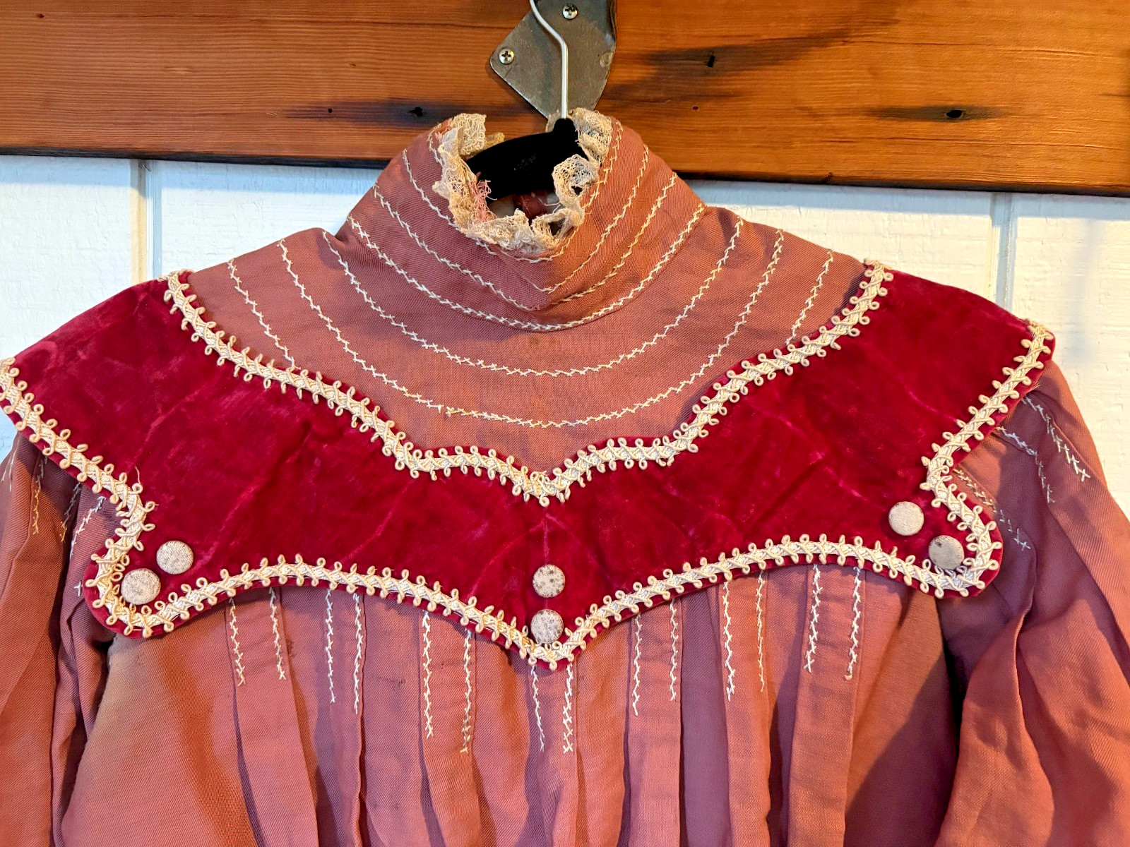 Antique 1890s Leg-of-Mutton Sleeve Blouse | Rose Silk Velvet Trim Embroidery VTG