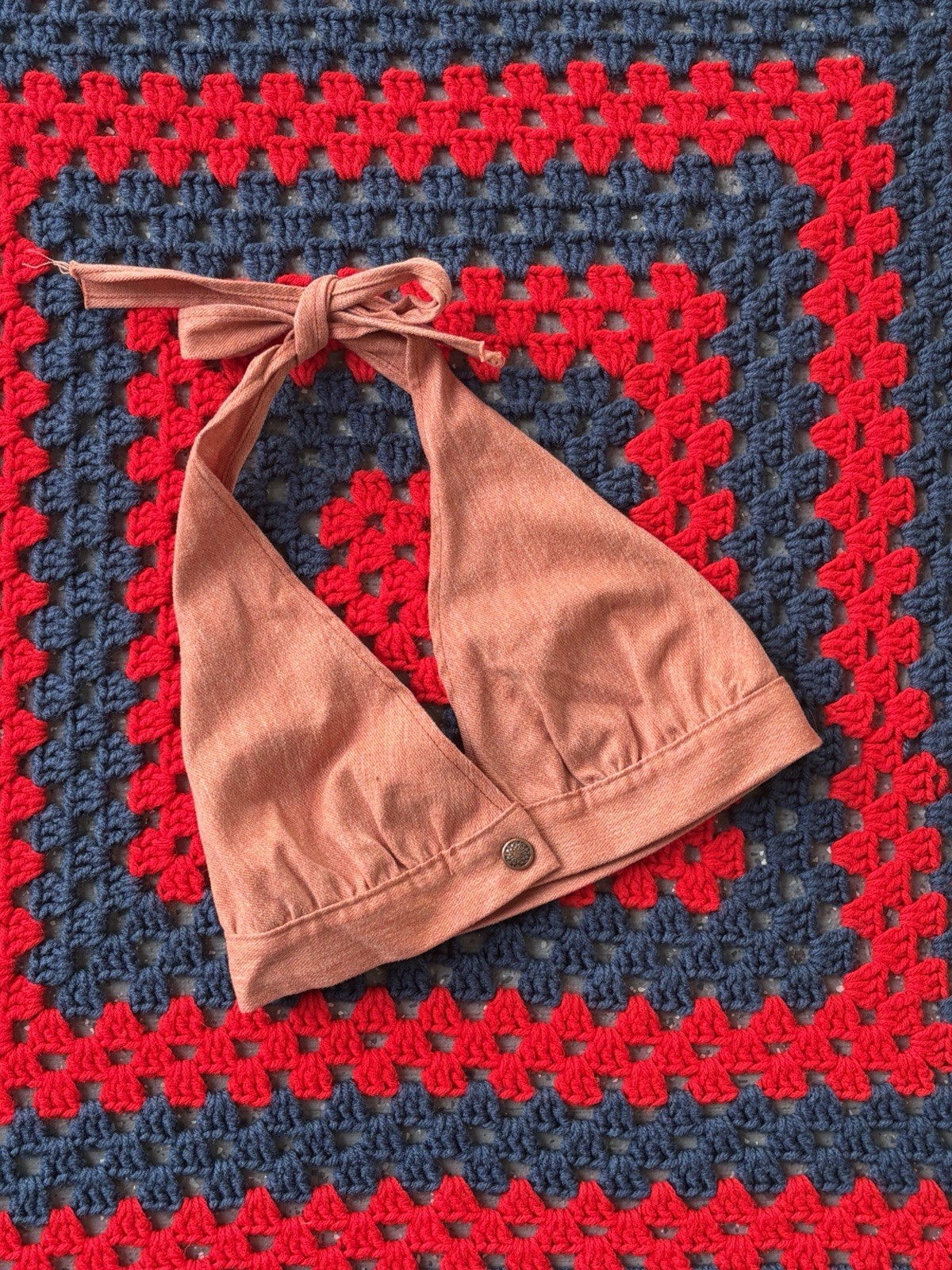 Vintage 70s Peachy Denim Halter Top Retro Hippie Boho Festival, XS-XXS