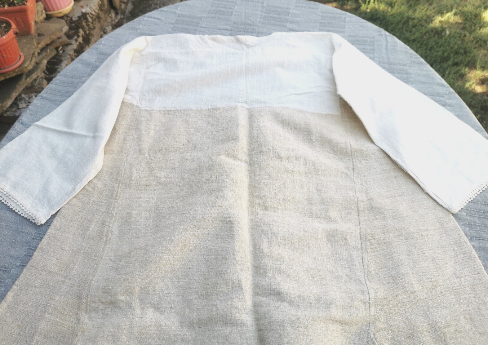 OLD PRIMITIVE WOMENs LONG WHITE SHIRT HOMESPUN FABRIC HEMP CLOTH