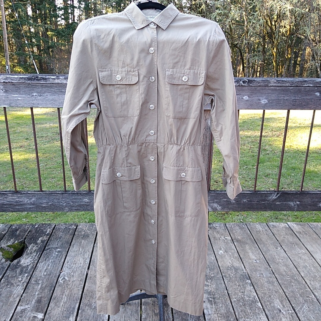 Liz Claiborne Size 12 Petite Vintage Khaki Button Front Shirtdress 100% Cotton