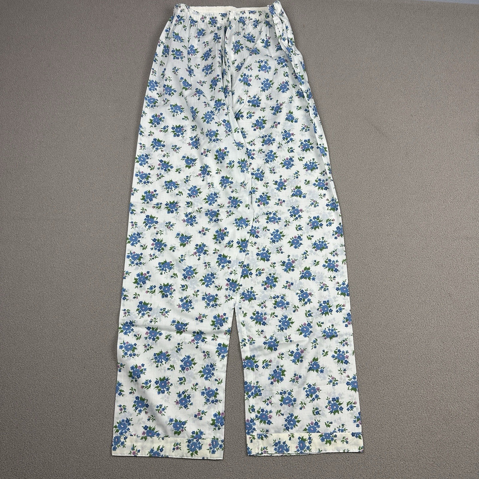 Vtg Dreamaway Pajama PJ Set Top & Pants Blue White Flowers Sanforized Sz 34
