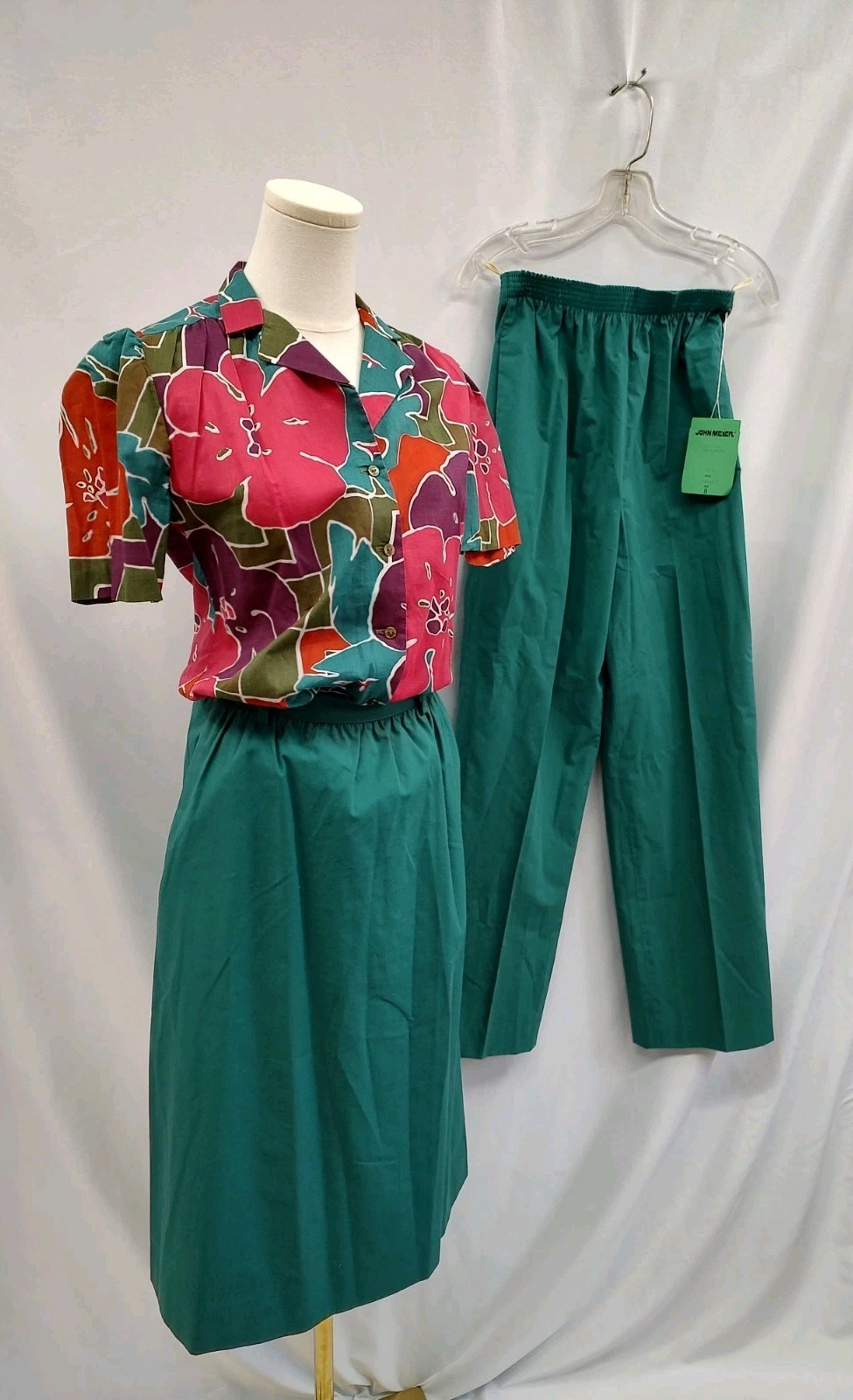 70’s John Meyer Leisure Set Outfit Pants Skirt Top Blouse Retro Floral Green 6/8