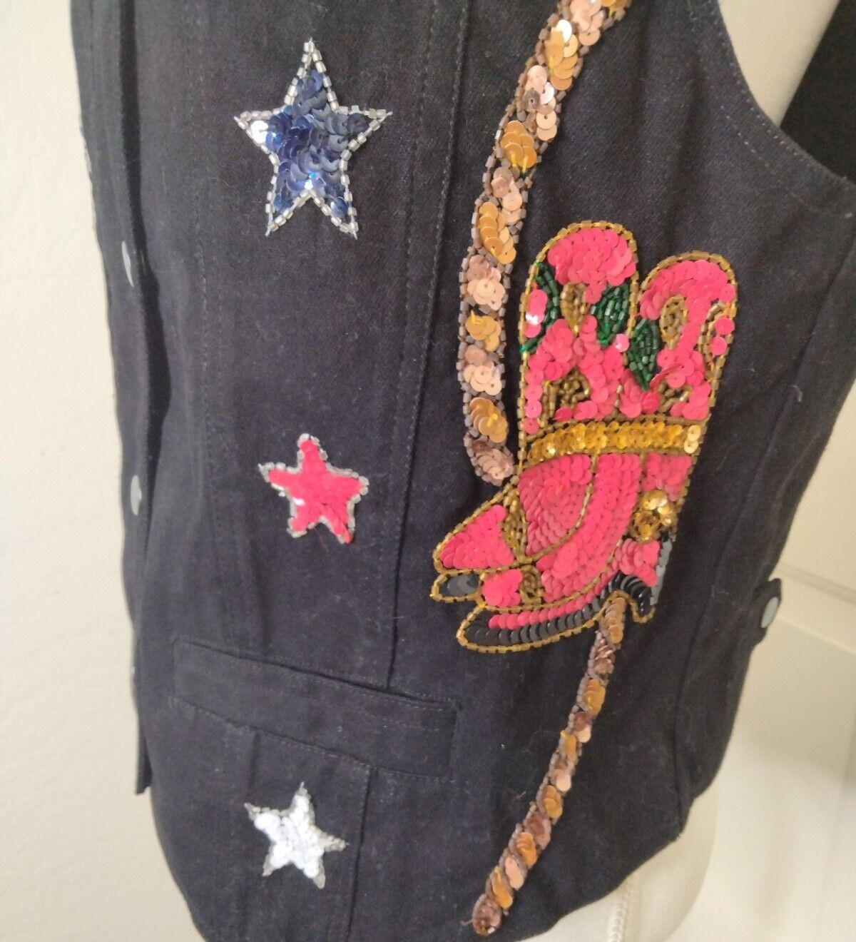 Modi Black Denim with Western Sequin Boots Cowboy Hat Stars Vest Size Medium