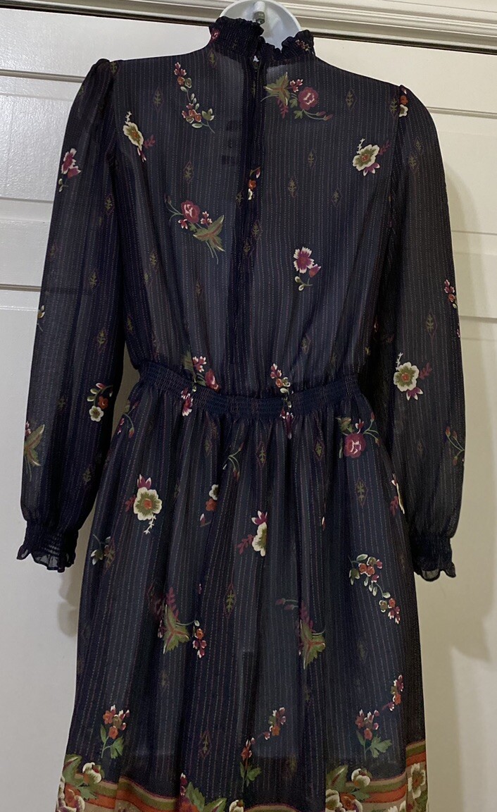 Vintage LF Petite Union Made Blue Floral Print Mock Neck Secretary Dress Size 4