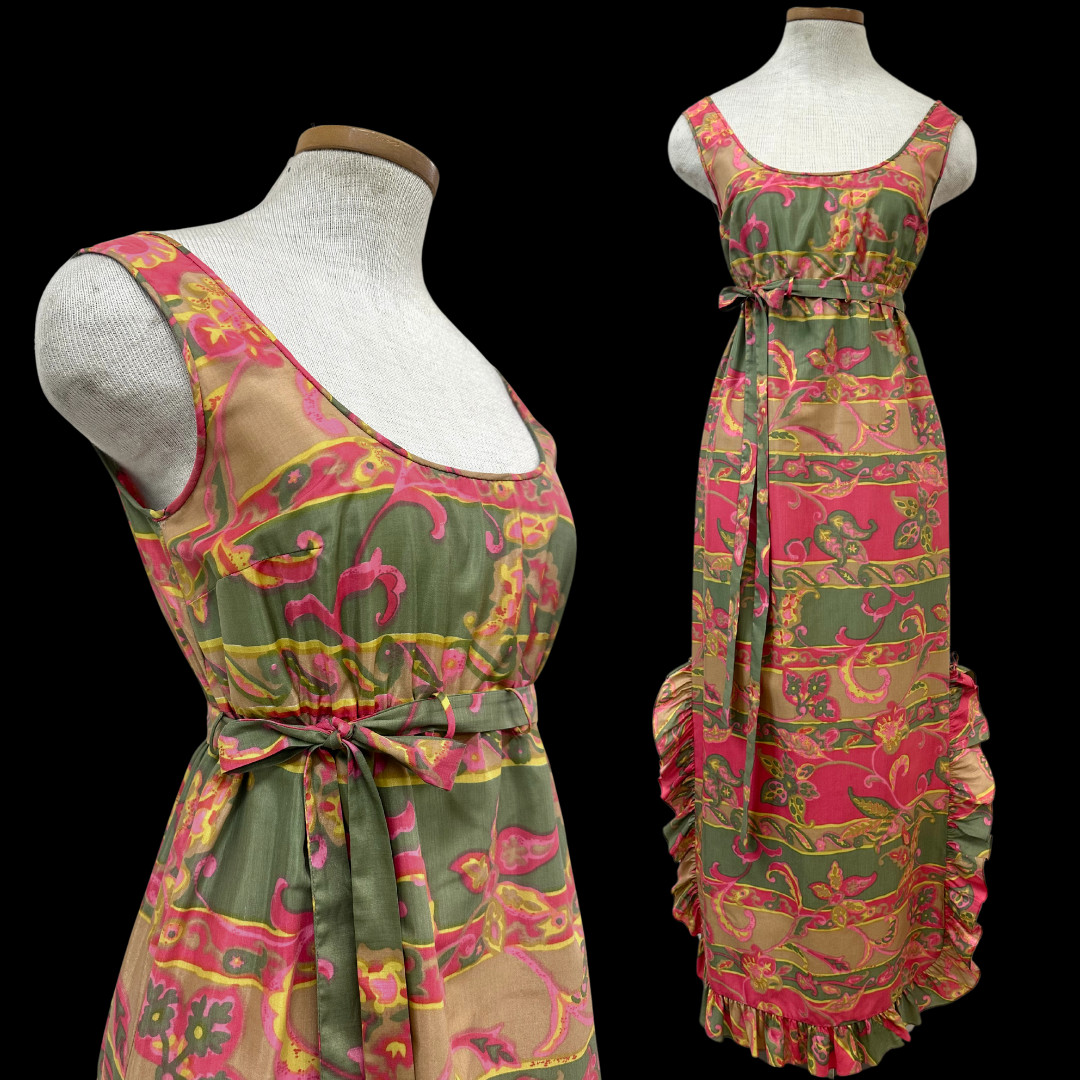 Vintage 60s Eyeful by the Flaums Paisley Maxi Dress with Ruffle Trim & Tie Belt