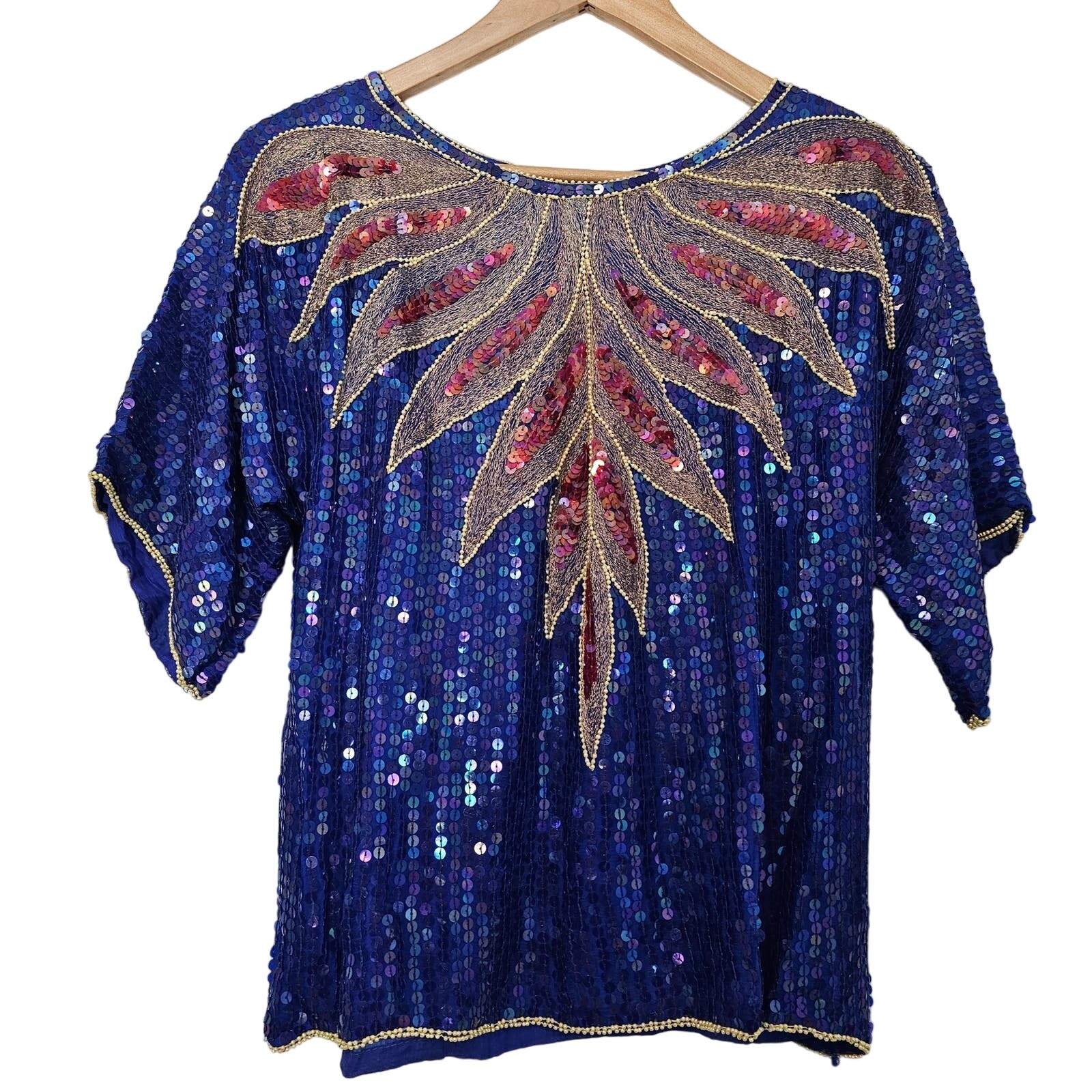 Vintage India Kings Blouse Womens Medium Blue Silk 80s Bright Sequins Beaded