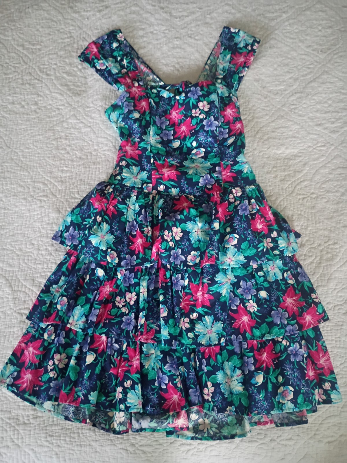 All That Jazz Vintage 80s/90s Floral Tiered Green Pink Navy Midi Dress Size S