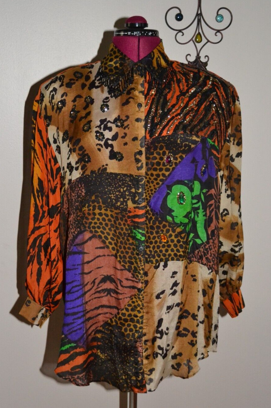 Judith Ann Rare Vintage Silk Button Down NWT – Sequin Embellished Hi-Lo Blouse M