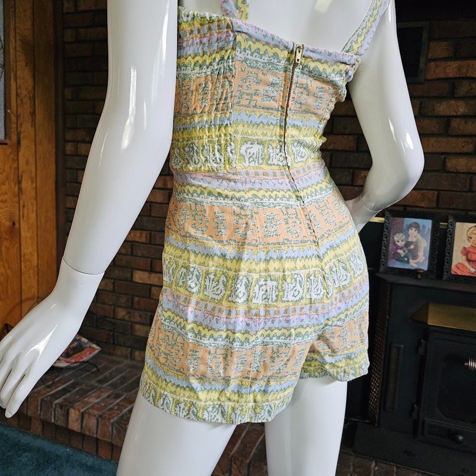 Vtg 50s Pinup Romper Playsuit Pastel Stripe Bombshell Swimsuit Bathing Suit S
